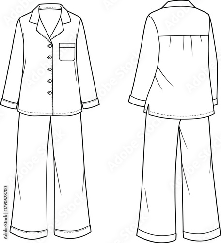 Classic pajama set fashion flat sketch, long sleeve top and wide leg pants, technical drawing, sleepwear design template, apparel illustration, garment blueprint, cozy nightwear