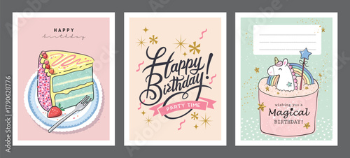 Set of birthday greeting cards with beautiful and lovely cakes

