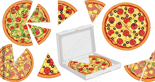 Pizza slices, pepperoni pizza, mushroom topping, cheese crust, food illustration, pizza box, cartoon style, fast food, graphic design, menu art