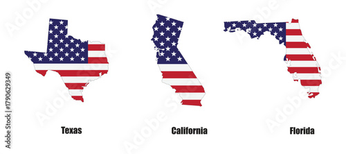 Texas map. States of America, Texas, Florida and California.