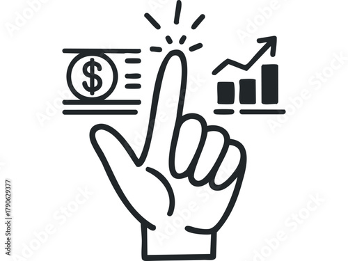 Hand tapping screen showing money and growth chart