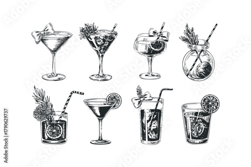 Collection of hand drawn alcoholic and non-alcoholic cocktails