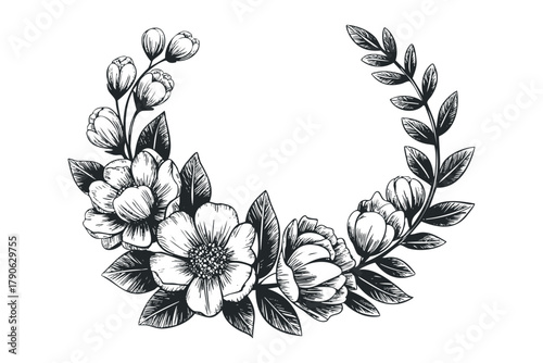Floral Wreath with Blossoms and Leaves Line Art