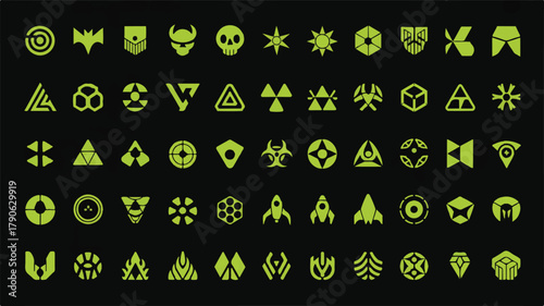 A diverse collection of geometric and sci-fi inspired icons, featuring rockets, skulls, shields, and abstract shapes on a dark background