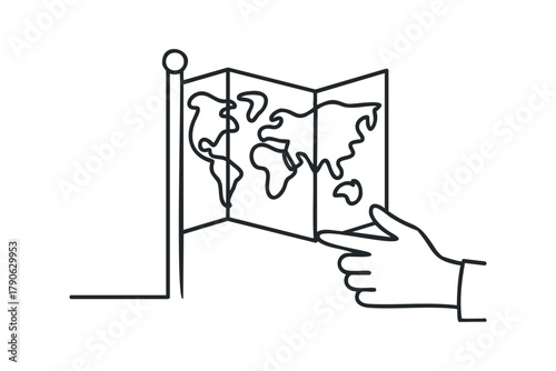 Hand pointing at world map on pole