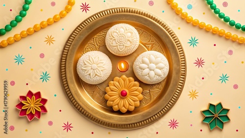 Festive indian sweets on a decorative brass plate with colorful garlands