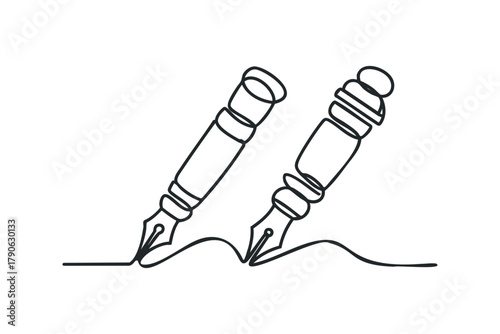 Two Quill Pens Drawing Line Art On White Background