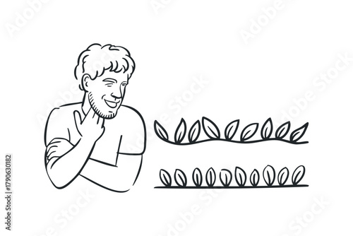 Man smiling and touching his chin with decorative leaves border