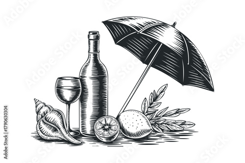 Engraving style still life of a wine bottle, glass, citrus, seashell and umbrella