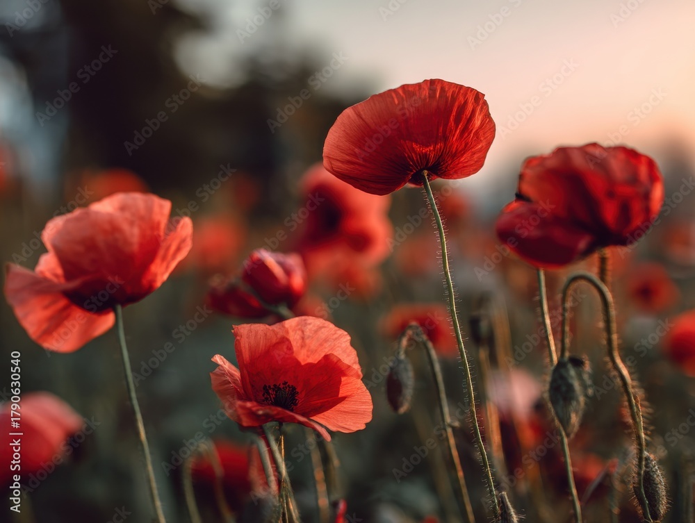 Obraz premium Field of Red Poppies at Sunset, Close-Up View, Warm Tones, Serene Landscape, Remembrance Day Symbol, Floral Beauty, Natural Light
