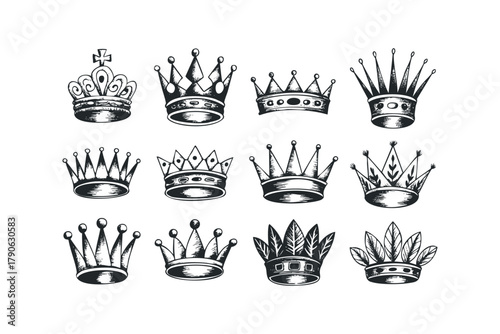 Collection of twelve diverse hand-drawn king crowns