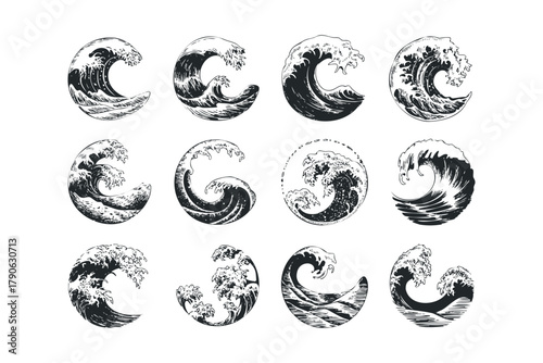 Collection of twelve circular wave designs in black ink