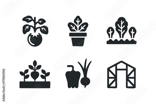 Garden vegetable icons including tomato plant, potted greens, and greenhouse