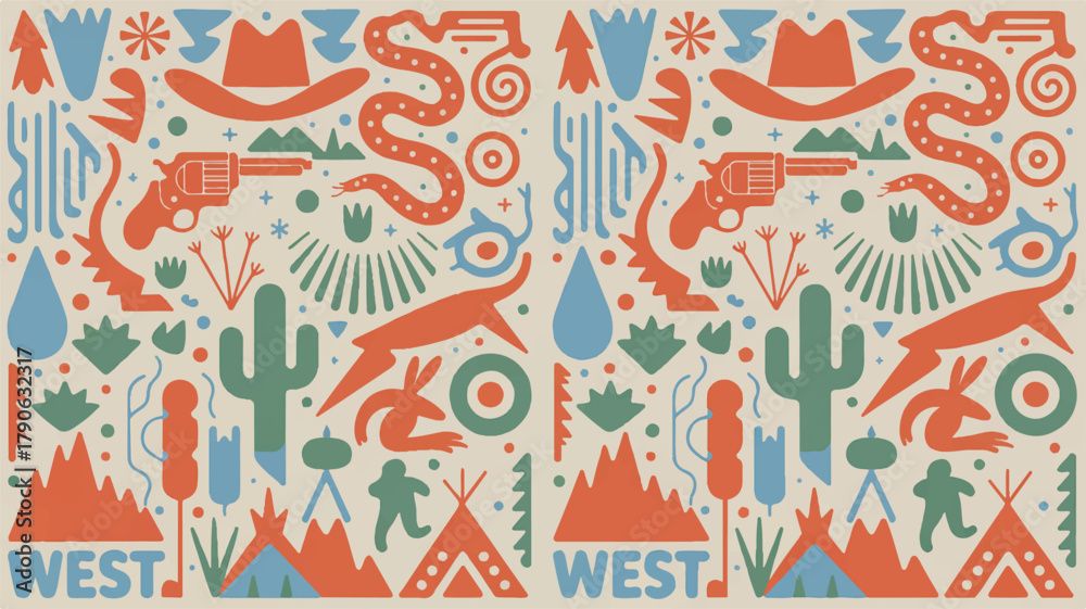 Obraz premium Wild West Pattern Cowboy Culture, Southwestern Desert Landscape Illustration with Iconic Western Symbols