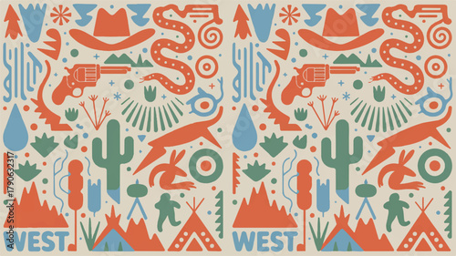 Wild West Pattern Cowboy Culture, Southwestern Desert Landscape Illustration with Iconic Western Symbols