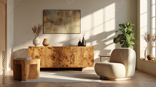 Modern japandi living room with a wooden burl credenza, cream minimalist armchair, fiddle leaf fig and warm sunlight bathing natural wood floors for a cozy, serene feel