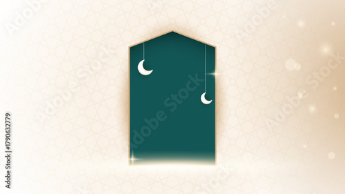 Luxury islamic background with soft 3d crescent moon on green shape design for islamic event.