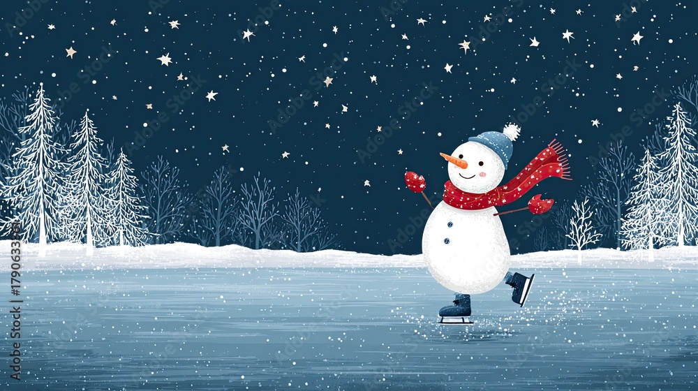 Naklejka premium Cheerful snowman ice skating on frozen lake under starry winter sky surrounded by snowy trees and falling snowflakes