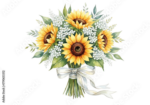 Watercolor sunflowers bouquet with ribbon isolated on transparent background