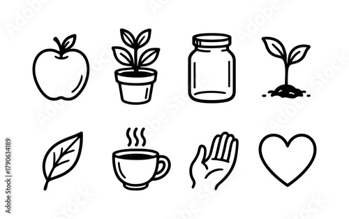 Minimalist line icons of nature, food, and wellness elements