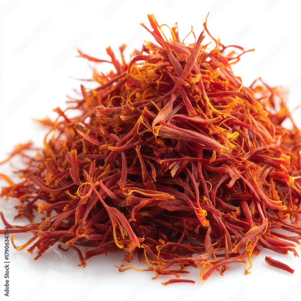 Naklejka premium Close up of a Pile of Saffron Threads on White Background Studio Shot High Angle View Food Photography Spice Ingredient