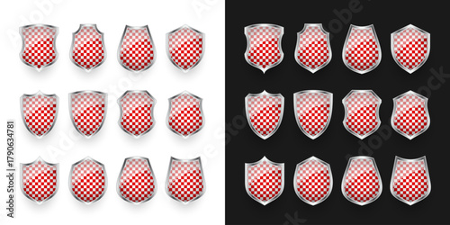 Glossy shields with red and black white. Security and protection concept. Cyber safety icons, internet privacy, web defense, digital data protection and antivirus themes. Vector illustration.
