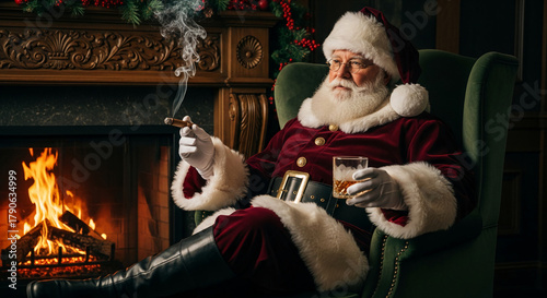 Man in santa costume sits in chair by fireplace, holding cigar and drink, representing christmas, relaxation and tradition, perfect for holiday concepts