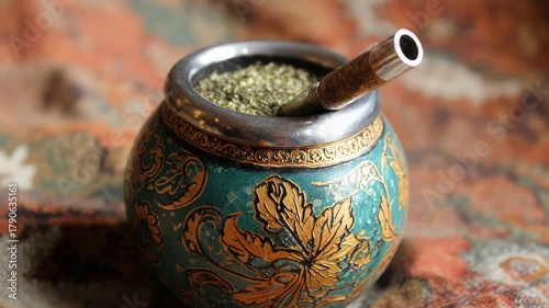 Traditional Argentinian mate cup with bombilla, filled with yerba mate and steam