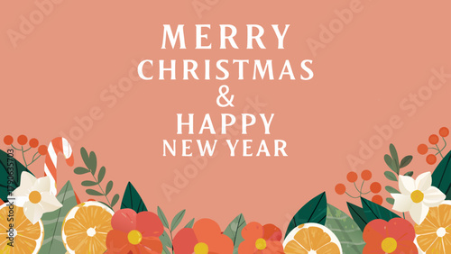 Festive Christmas background. Hand-drawn design on a pink background with a grainy texture, perfect for a holiday greeting card.