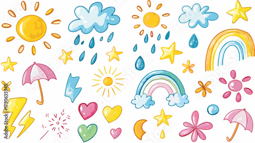 Hand drawn crayon pencil stroke doodle sun, clouds, rain, lightning bolts, rainbows, stars, moons, umbrellas, and snowflakes. Vector illustration