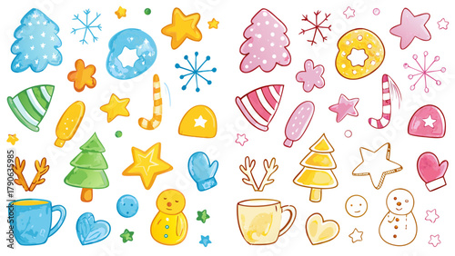 Hand drawn crayon pencil stroke doodle snowmen, Christmas trees, mittens, gifts, stars, cookies, and hot cocoa cups. Vector illustration