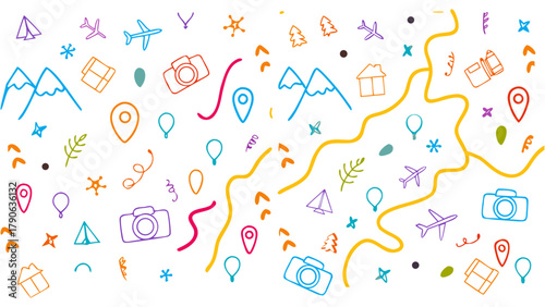 Line icon cute element set. Doodle line color icon, airplanes, suitcases, maps, compasses, mountains, cameras, arrows, and location pins. Vector illustration