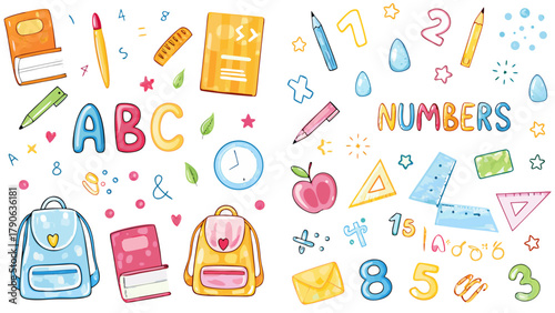 Line icon cute element set. Doodle line color icon, books, pencils, crayons, ABC letters, numbers, rulers, backpacks, apples,. Vector illustration