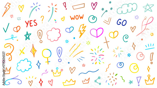 Line icon cute element set. Doodle line color icon, stars, lightning bolts, crowns, arrows, hearts, banners. Vector illustration