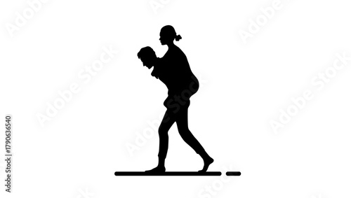 Man giving piggyback ride to female friend, black isolated silhouette