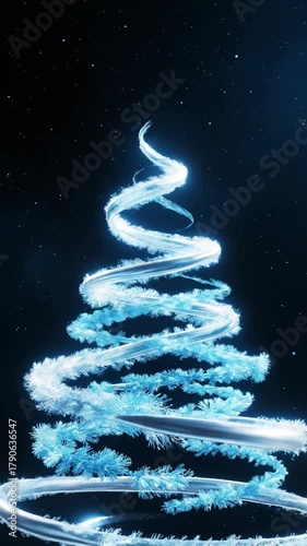 Blue glowing Christmas tree with spiral silver ribbon and star against dark starry sky