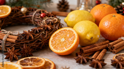 Elegant Christmas Decor - American Luxury Office, Warm Glow, Empty Space