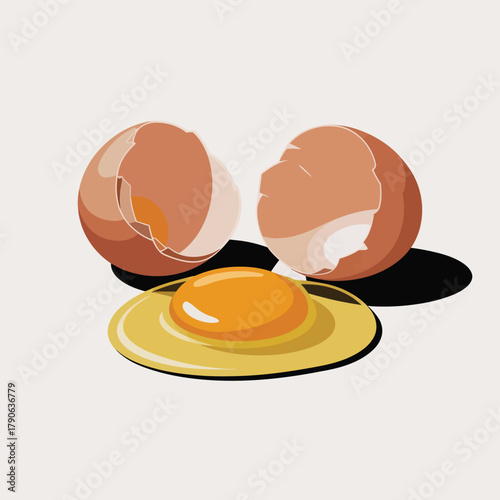 A raw egg yolk sits on a plate next to a cracked eggshell.