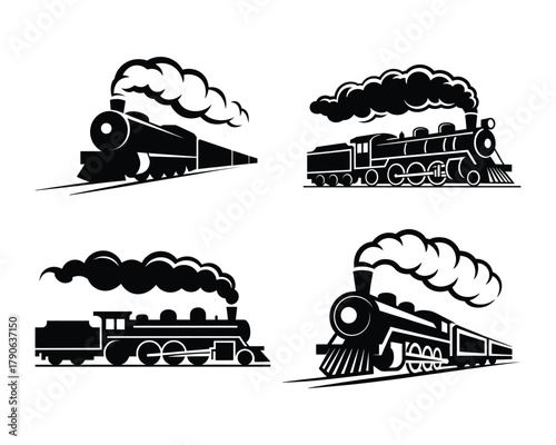 Vintage Steam Train Silhouette Vector Set - Locomotive Icons