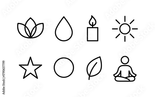 Minimalist wellness icons: meditation, nature, and light elements set
