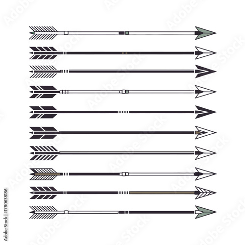 A collection of ten arrows with different fletching and arrowhead designs arranged horizontally.
