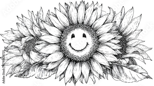 Cheerful Sunflower Black and White Drawing with Smile - Professional Image for Design Projects