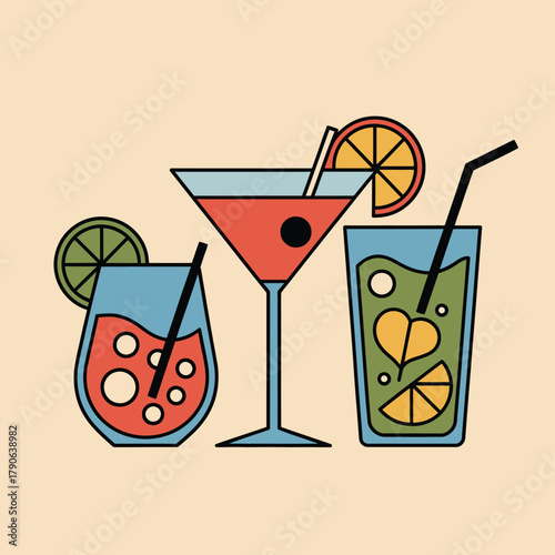 Three colorful cocktails with garnishes are arranged on a light background.