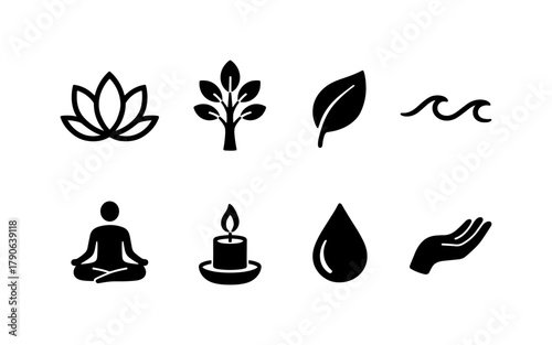 Nature and wellness icons: yoga, meditation, and relaxation symbols