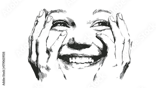 Smiling Face with Hands in Black and White