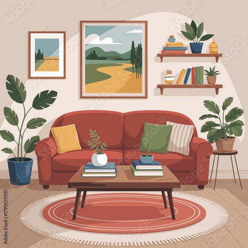 A cozy living room features a red couch, coffee table, and plants.