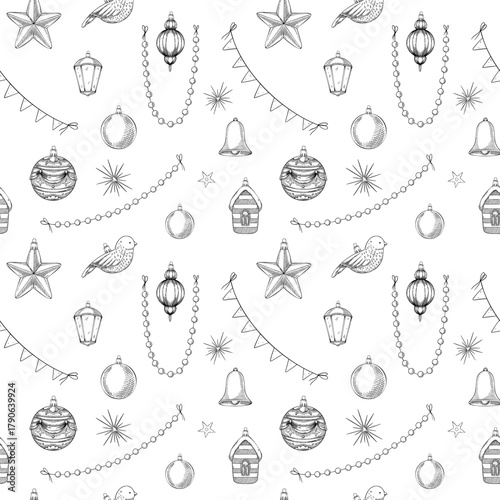 Seamless vector pattern with Christmas ornaments, stars, and garlands. Illustration of background for Xmas festive wrapping paper. Linear backdrop for vintage holiday textiles or surface design.