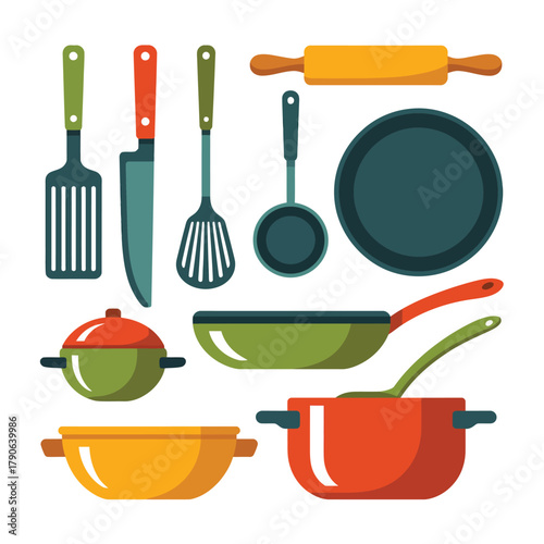 A collection of colorful kitchen utensils and cookware are displayed.