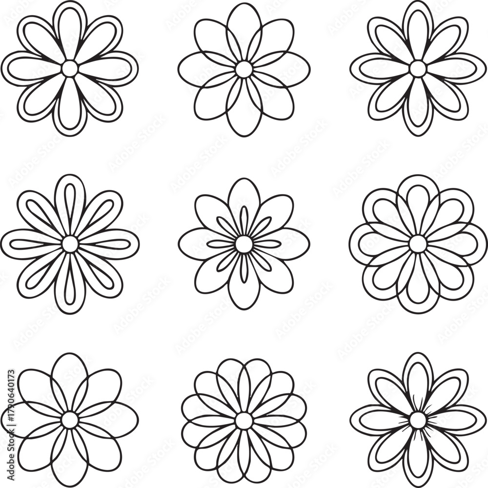 Obraz premium Nine black outline flower icons on white background