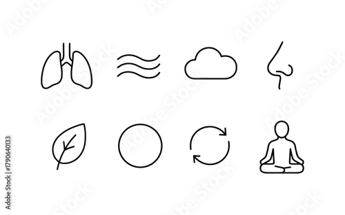 Minimalist icons of breathing and meditation with nature and mindfulness elements